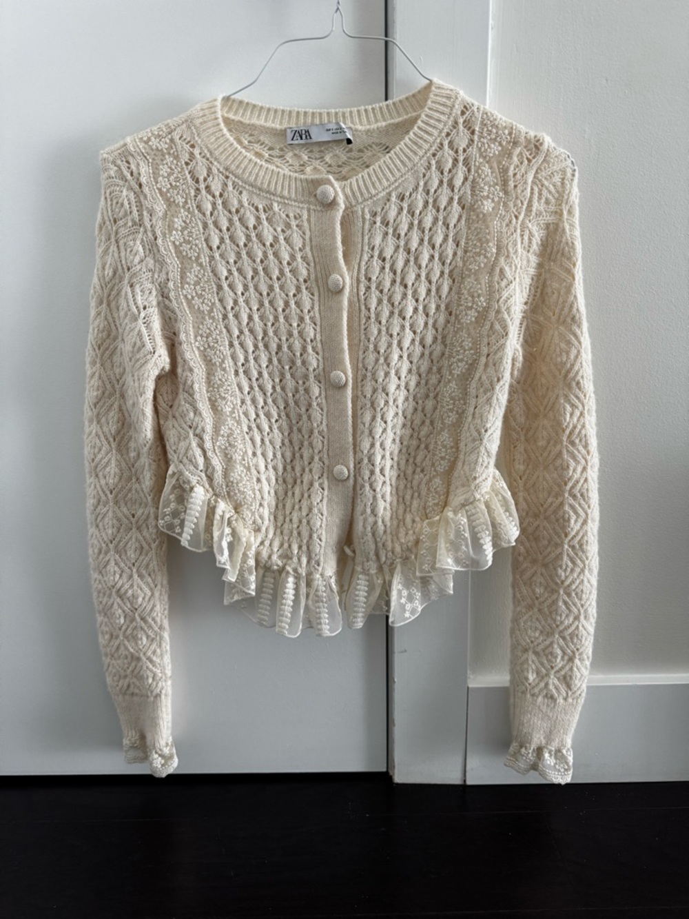 Zara Ivory Cable Knit Ruffle-Trim Cardigan